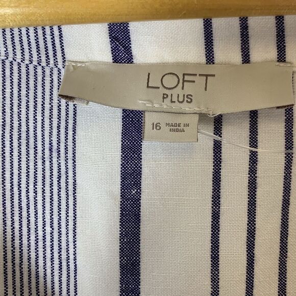 Loft Plus White and Blue Striped V-Neck Button Front SS Midi Shirt Dress Size 16 - Picture 6 of 15